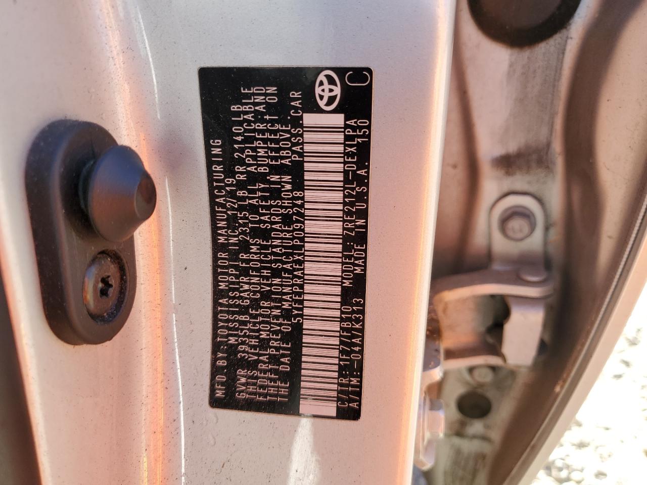 2020 Toyota Corolla VIN 5YFEPRAEXLP097248 Copart auction photo, front end damage thumbnail 12