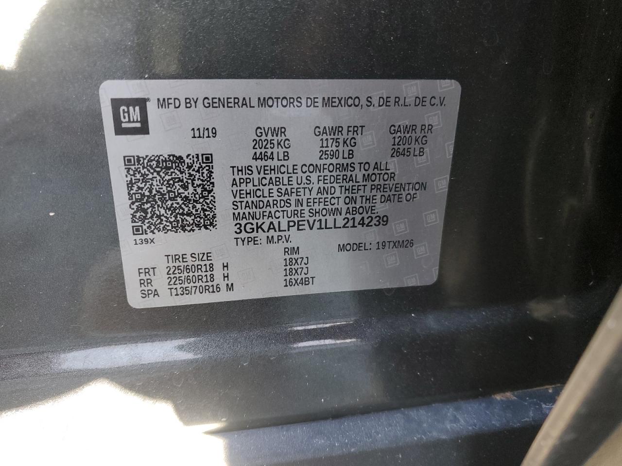 2020 GMC Terrain VIN 3GKALPEV1LL214239 Copart auction photo, top/roof damage thumbnail 12