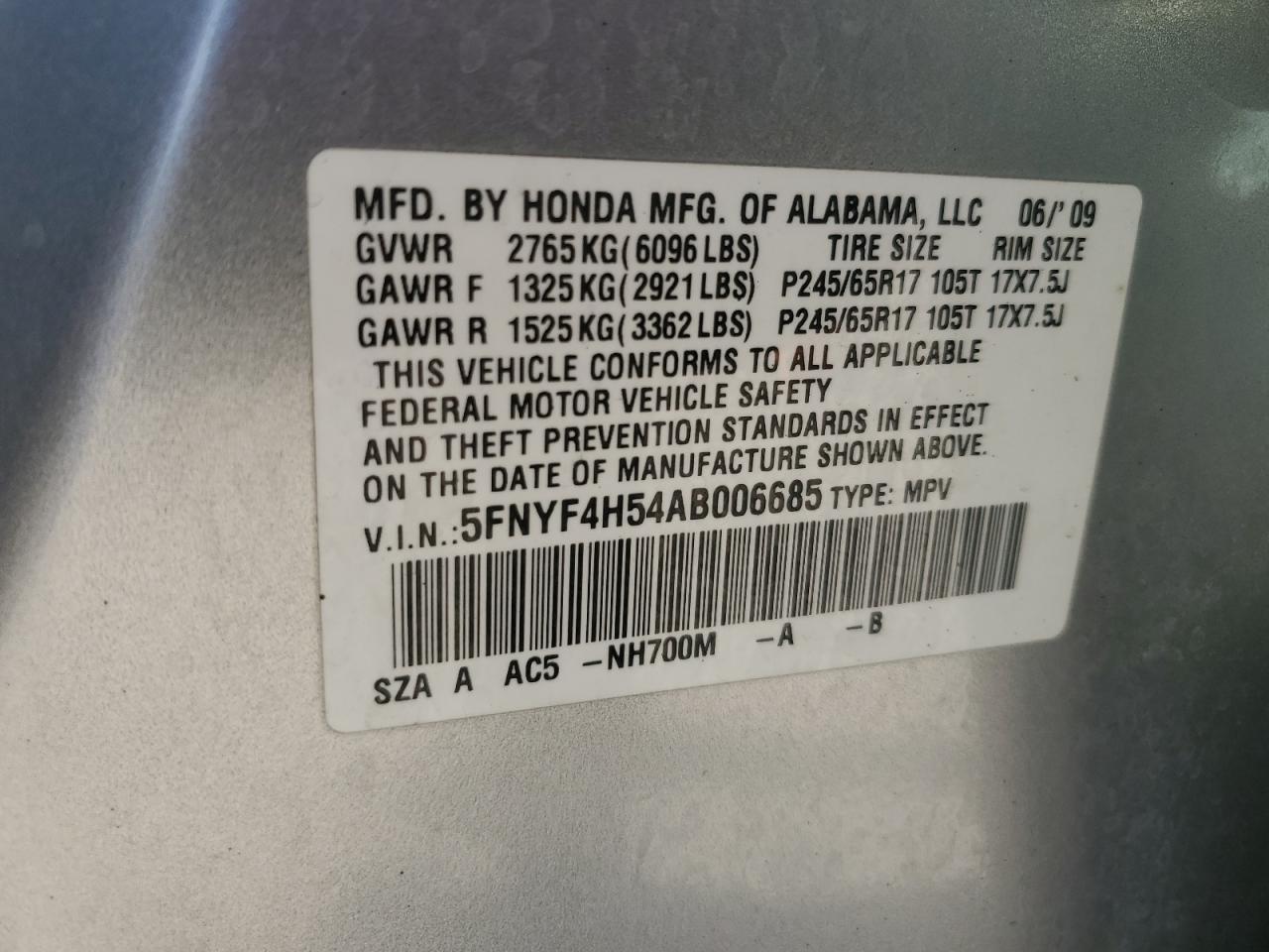 2010 Honda Pilot VIN 5FNYF4H54AB006685 Copart auction photo, rear end / minor dent/scratches damage thumbnail 12