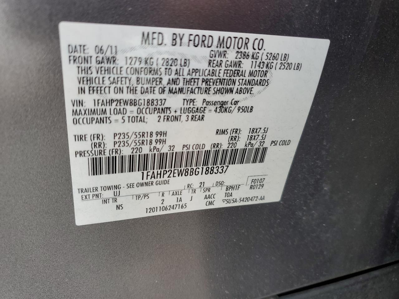 2011 Ford Taurus VIN 1FAHP2EW8BG188337 Copart auction photo, front end damage thumbnail 14