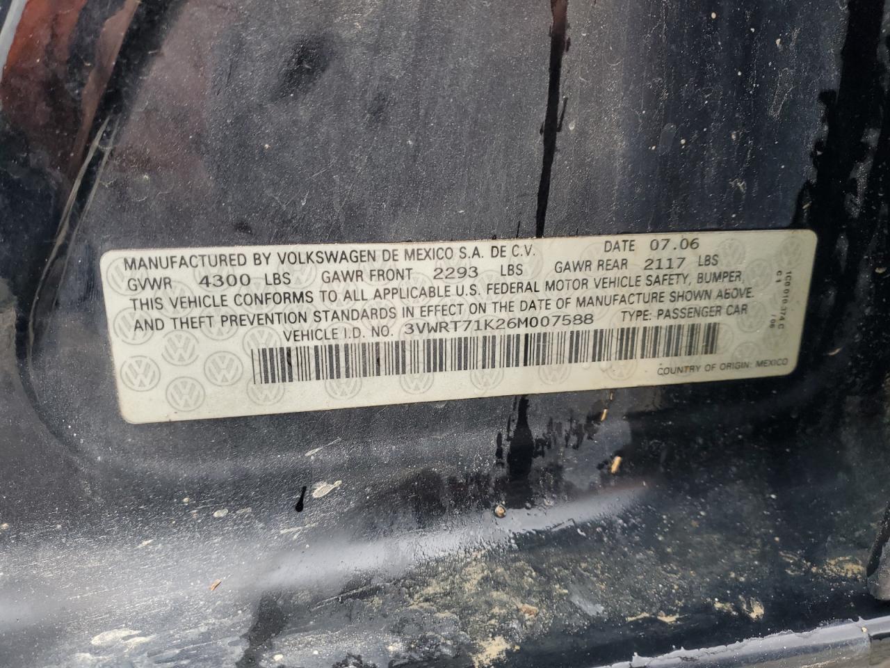 2006 Volkswagen Jetta VIN 3VWRT71K26M007588 Copart auction photo, all over damage thumbnail 14