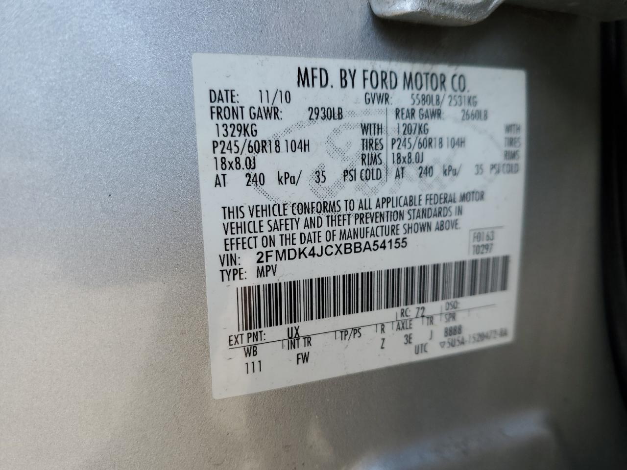 2011 Ford Edge VIN 2FMDK4JCXBBA54155 Copart auction photo, front end / rear end damage thumbnail 13