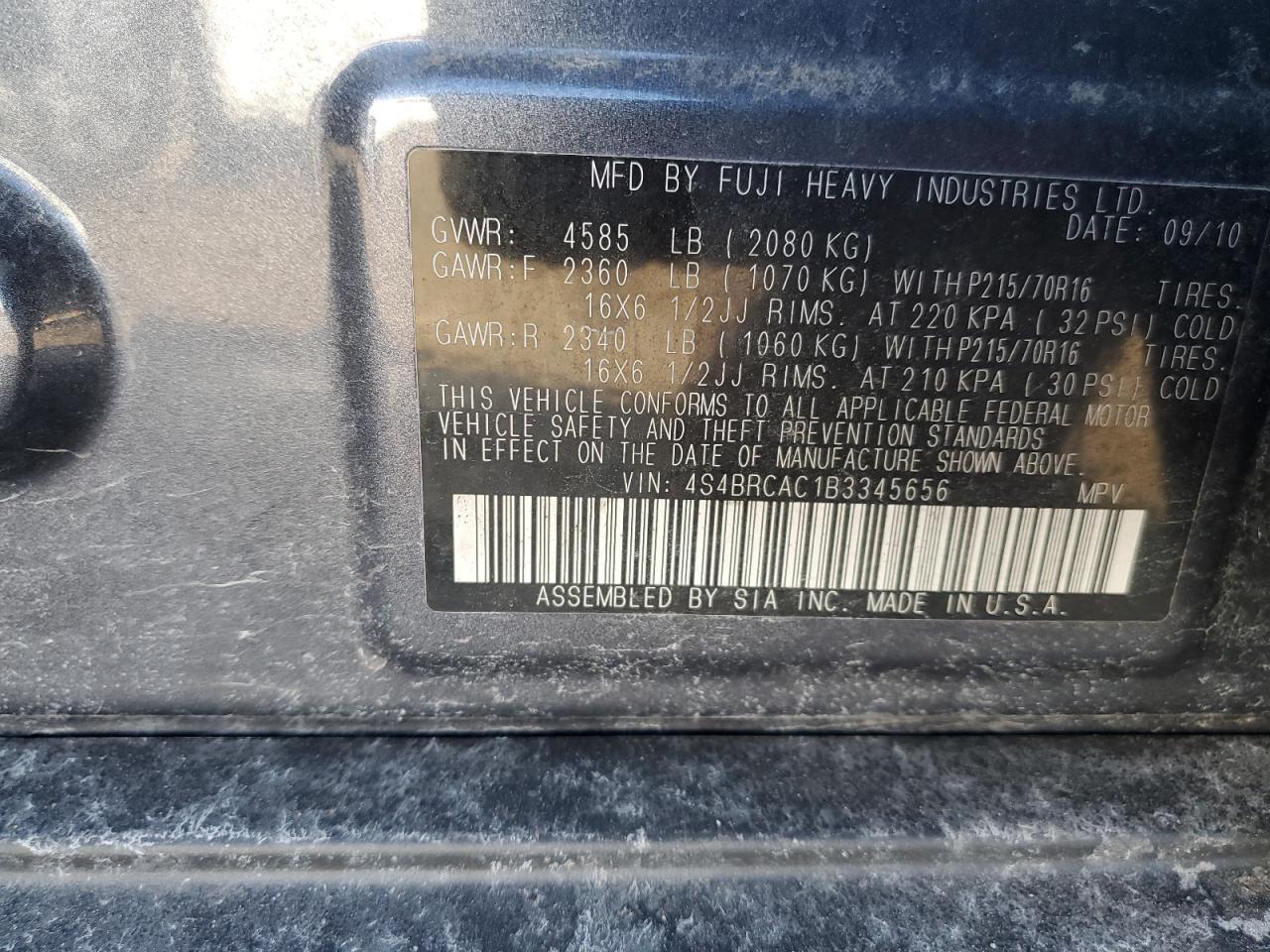 2011 Subaru Outback VIN 4S4BRCAC1B3345656 Copart auction photo, front end / side damage thumbnail 13