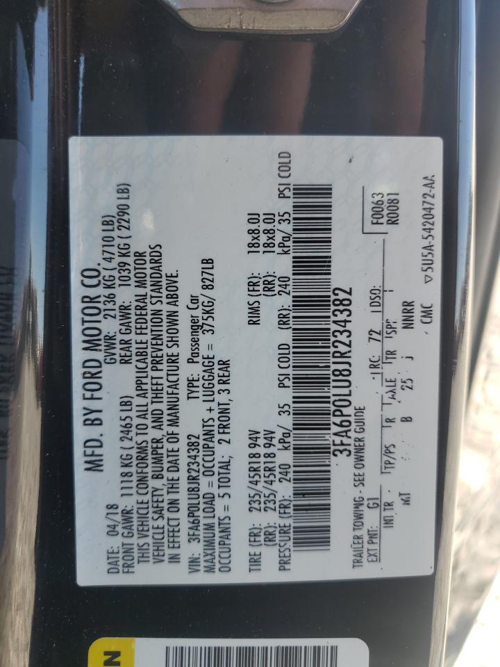 2018 Ford Fusion VIN 3FA6P0LU8JR234382 Copart auction photo, front end damage thumbnail 13