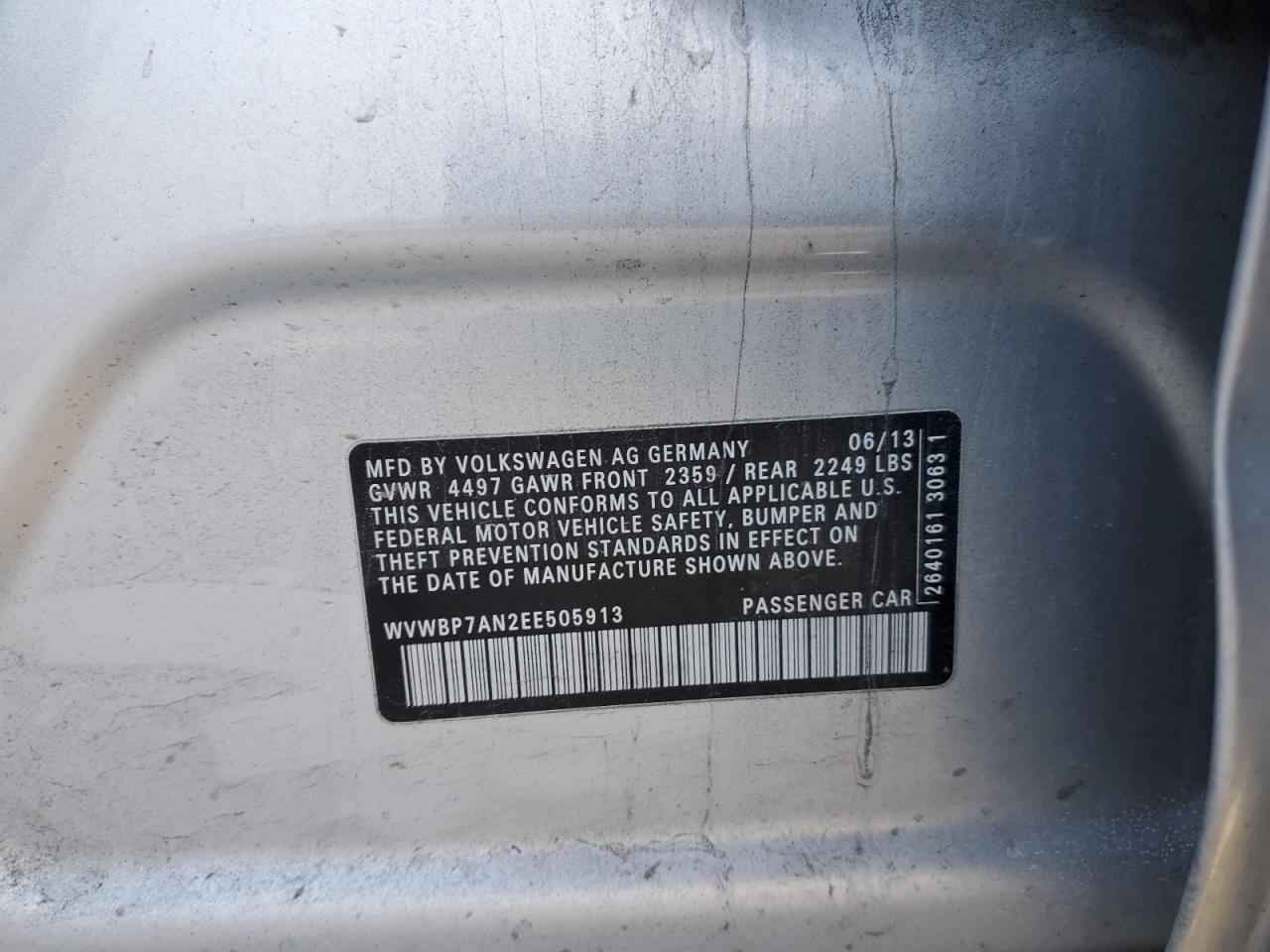 2014 Volkswagen Passat CC VIN WVWBP7AN2EE505913 Copart auction photo, front end / all over damage thumbnail 13