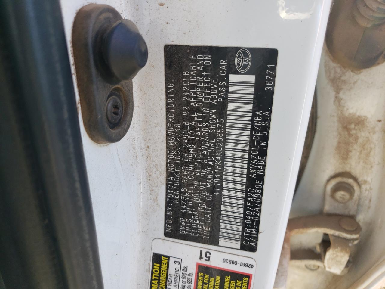 2019 Toyota Camry VIN 4T1B11HK4KU206575 Copart auction photo, water/flood damage thumbnail 14