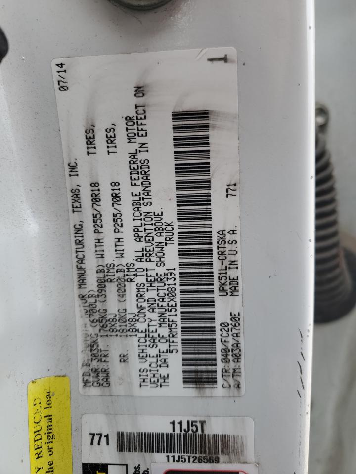 2014 Toyota Tundra VIN 5TFRM5F15EX081391 Copart auction photo, front end / minor dent/scratches damage thumbnail 14