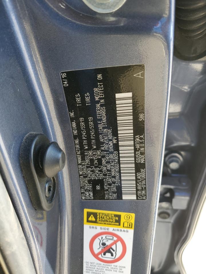 2016 Toyota Highlander VIN 5TDYKRFH0GS149059 Copart auction photo, side / front end damage thumbnail 13