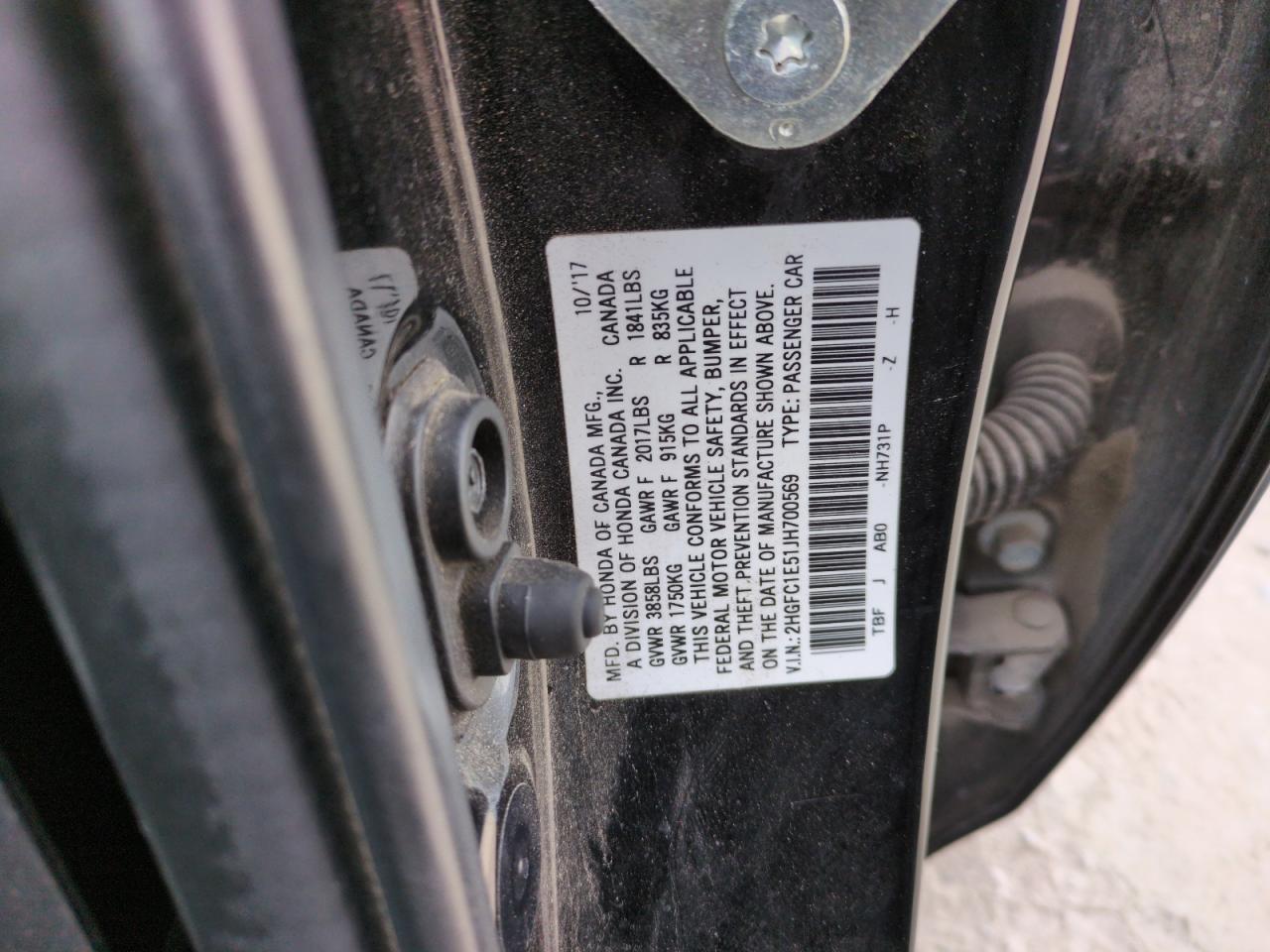 2018 Honda Civic VIN 2HGFC1E51JH700569 Copart auction photo, front end damage thumbnail 14