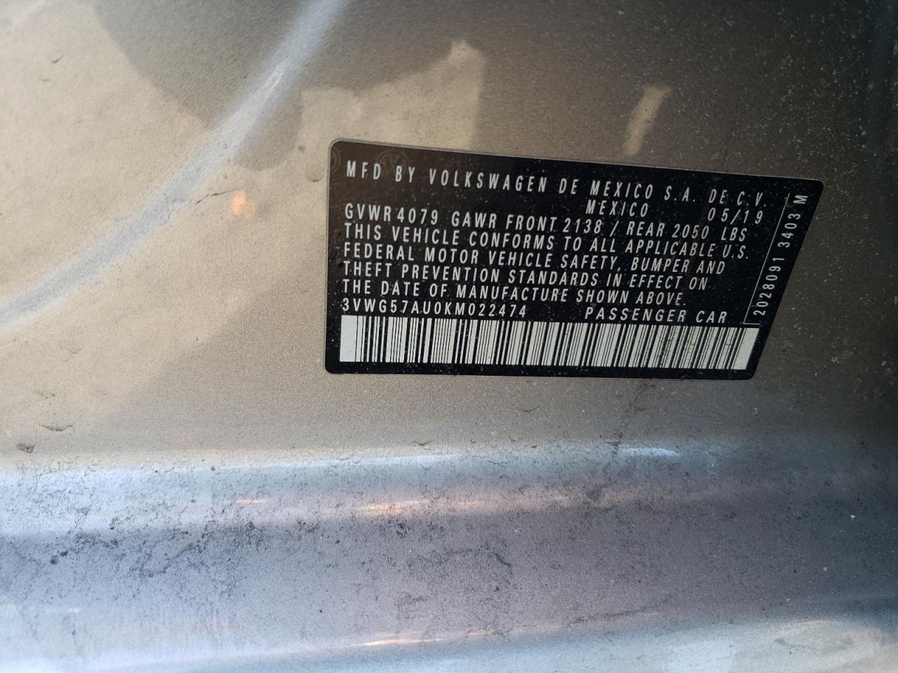 2019 Volkswagen Golf VIN 3VWG57AU0KM022474 Copart auction photo, side / minor dent/scratches damage thumbnail 14