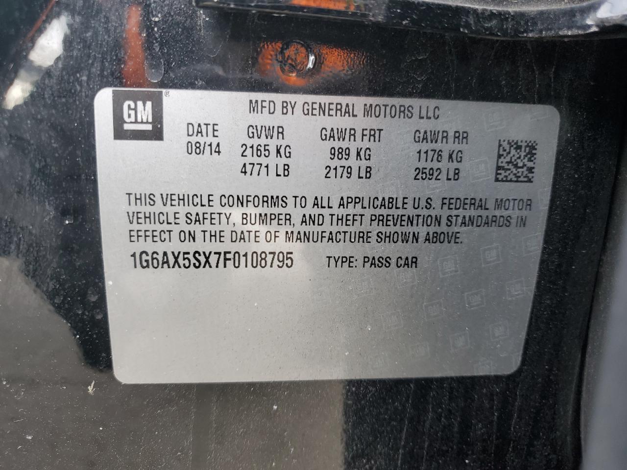2015 Cadillac CTS VIN 1G6AX5SX7F0108795 Copart auction photo, rear end damage thumbnail 12