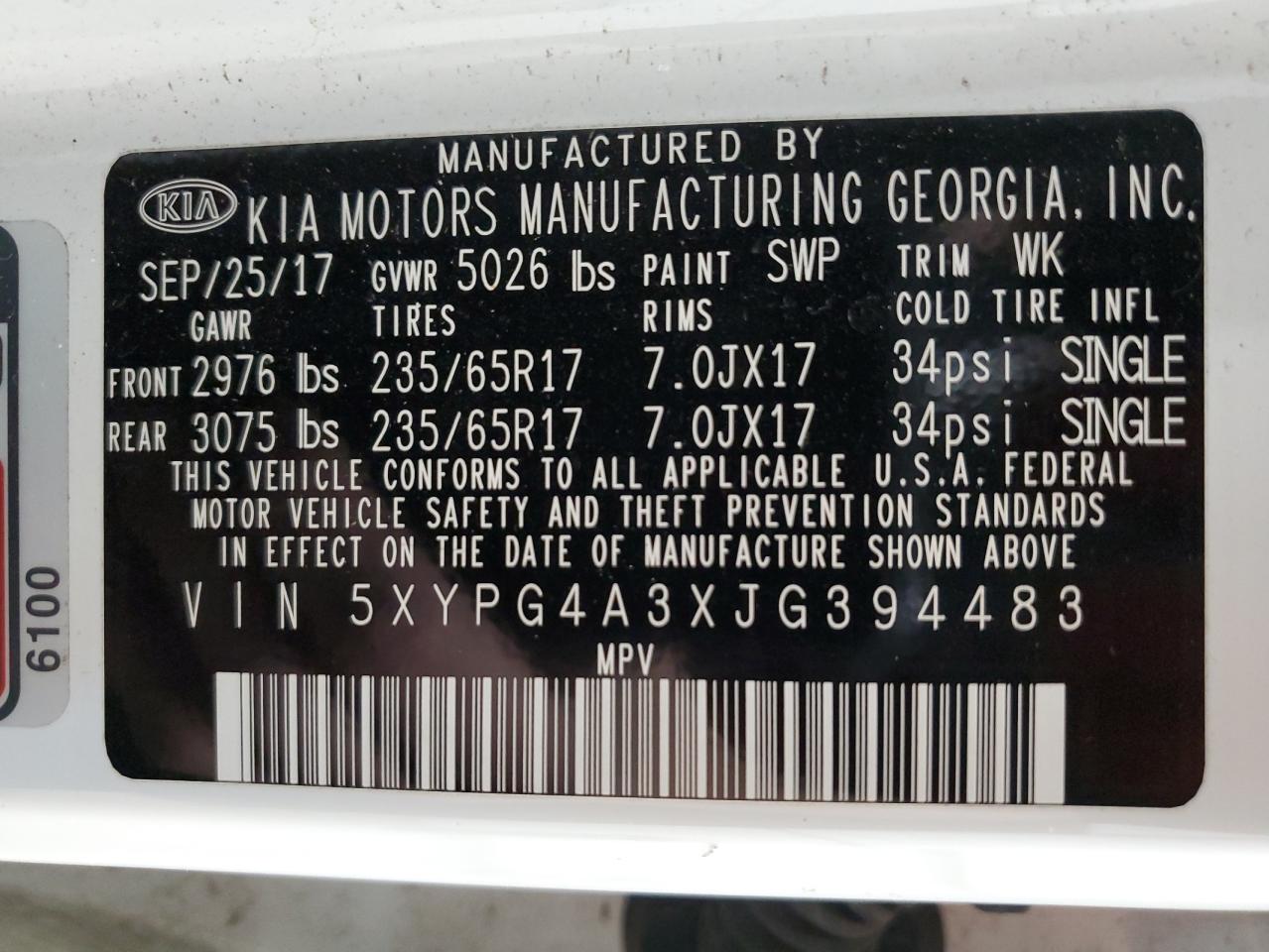 2018 KIA Sorento VIN 5XYPG4A3XJG394483 Copart auction photo, rear end / front end damage thumbnail 16