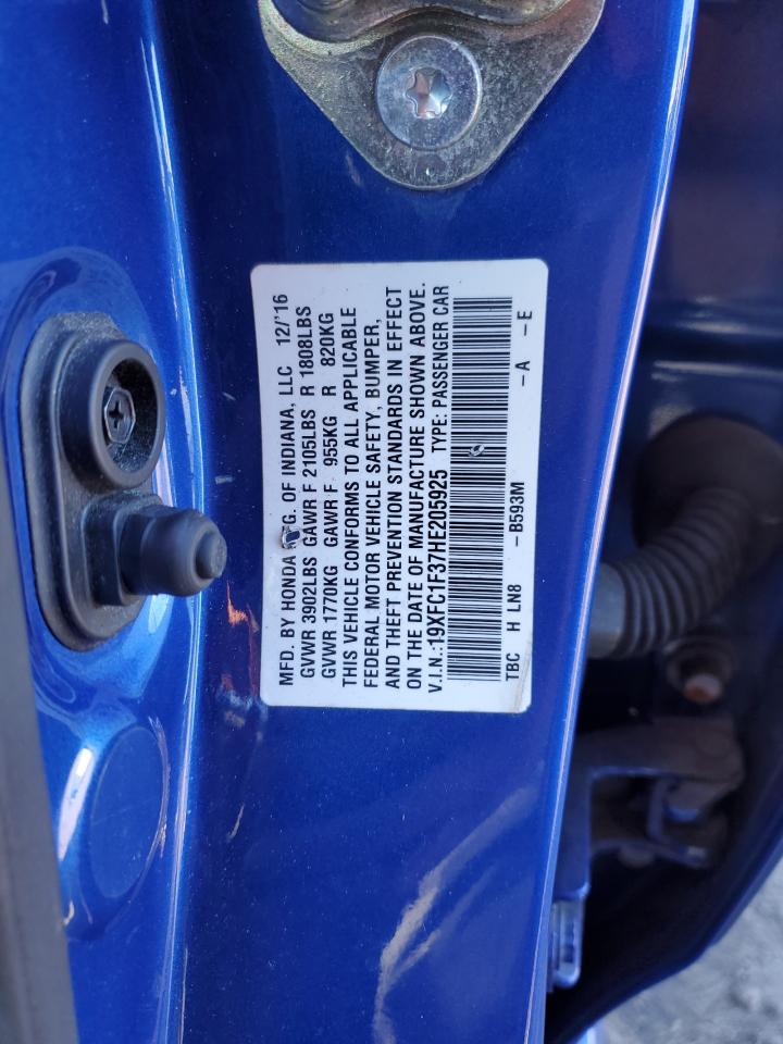 2017 Honda Civic VIN 19XFC1F37HE205925 Copart auction photo, front end damage thumbnail 14