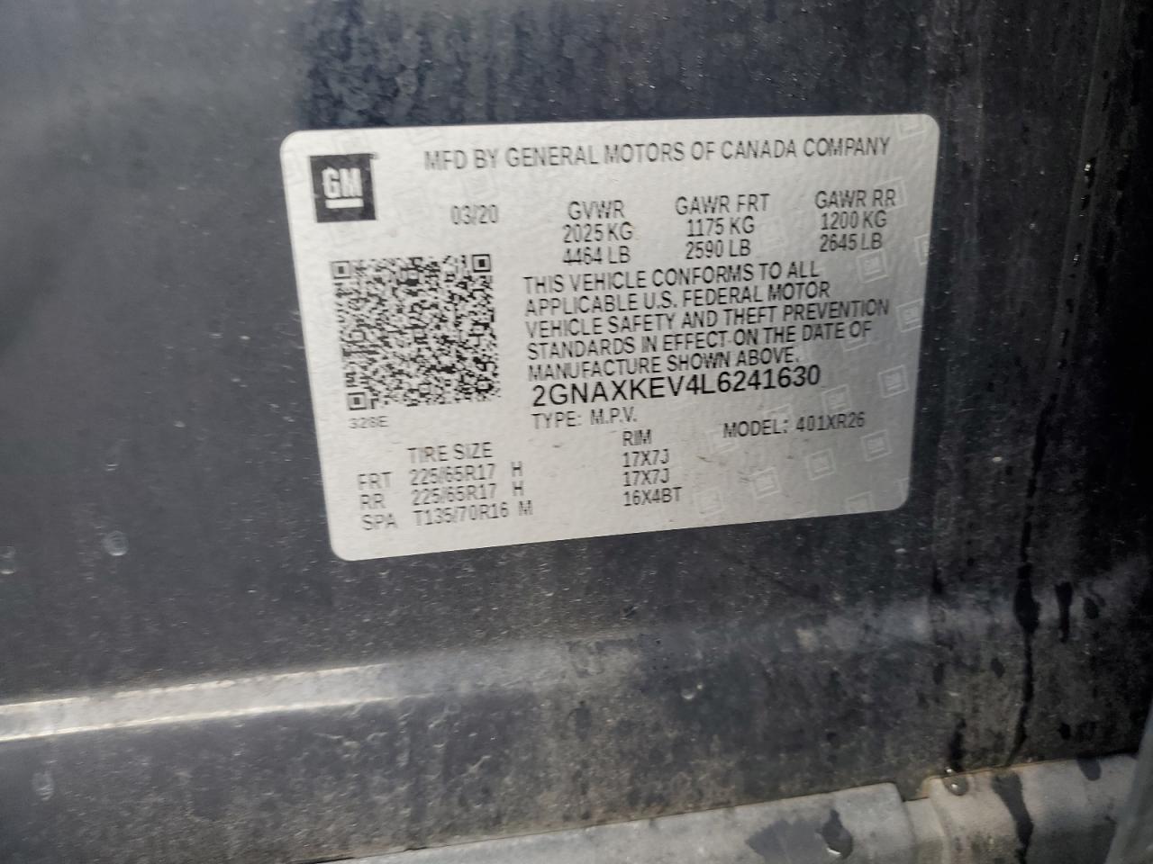 2020 Chevrolet Equinox VIN 2GNAXKEV4L6241630 Copart auction photo, front end damage thumbnail 13