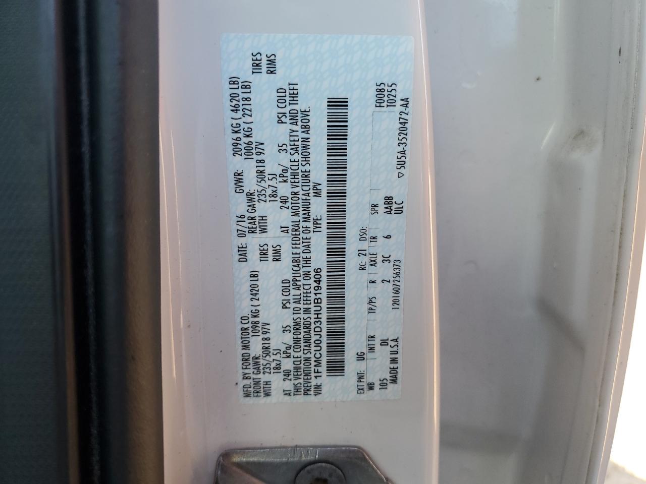 2017 Ford Escape VIN 1FMCU0JD3HUB19406 Copart auction photo, front end damage thumbnail 15