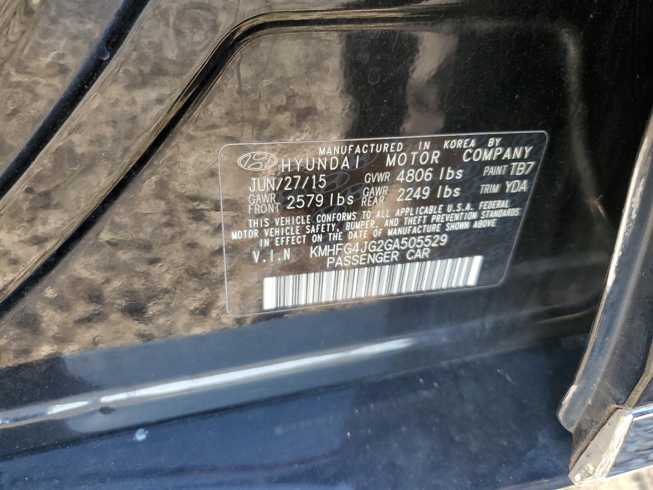 2016 Hyundai Azera VIN KMHFG4JG2GA505529 Copart auction photo, mechanical damage thumbnail 12