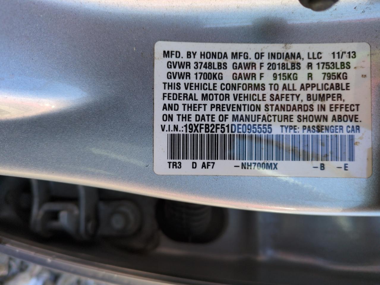 2013 Honda Civic VIN 19XFB2F51DE095555 Copart auction photo, front end damage thumbnail 13