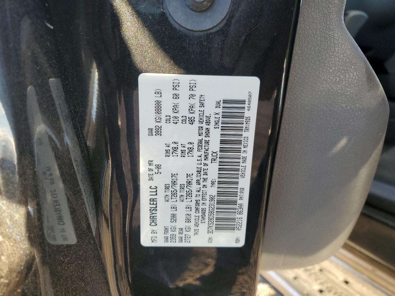 2008 Dodge RAM VIN 3D7KS28D58G231902 Copart auction photo, rear end / side damage thumbnail 13