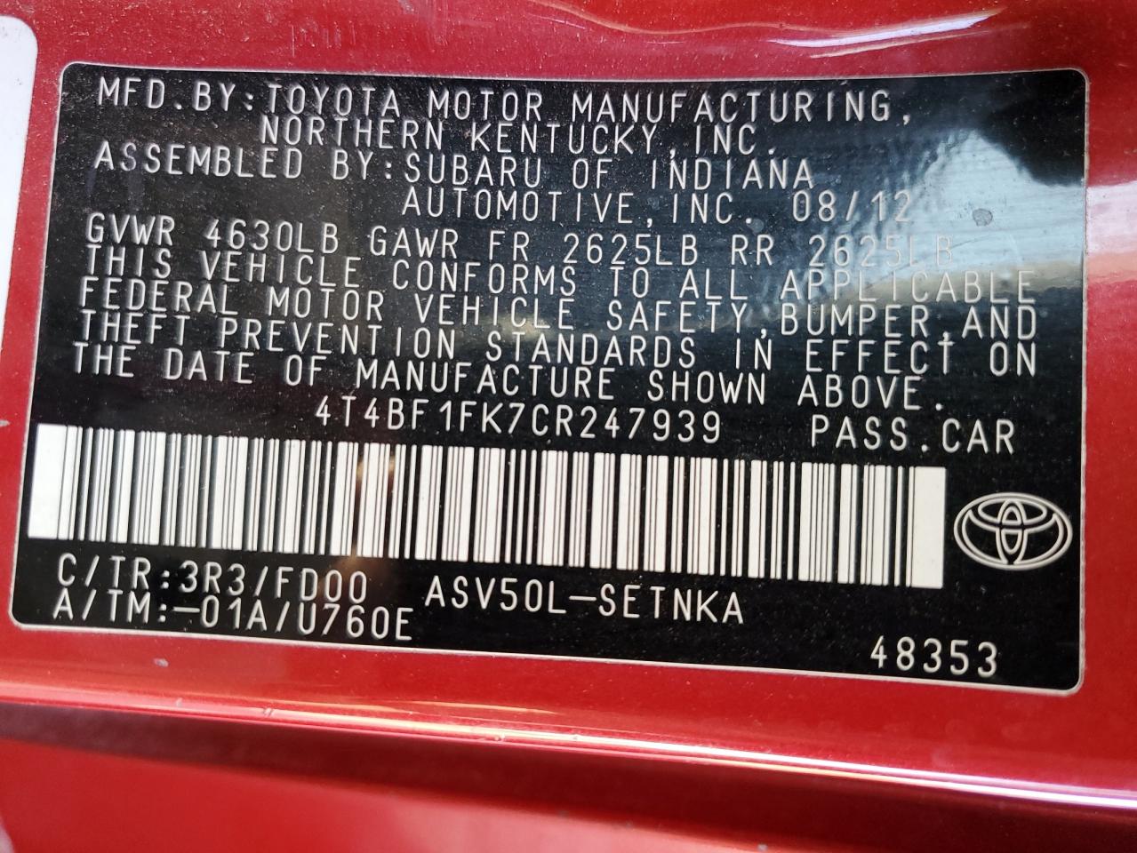 2012 Toyota Camry VIN 4T4BF1FK7CR247939 Copart auction photo, all over / undercarriage damage thumbnail 15