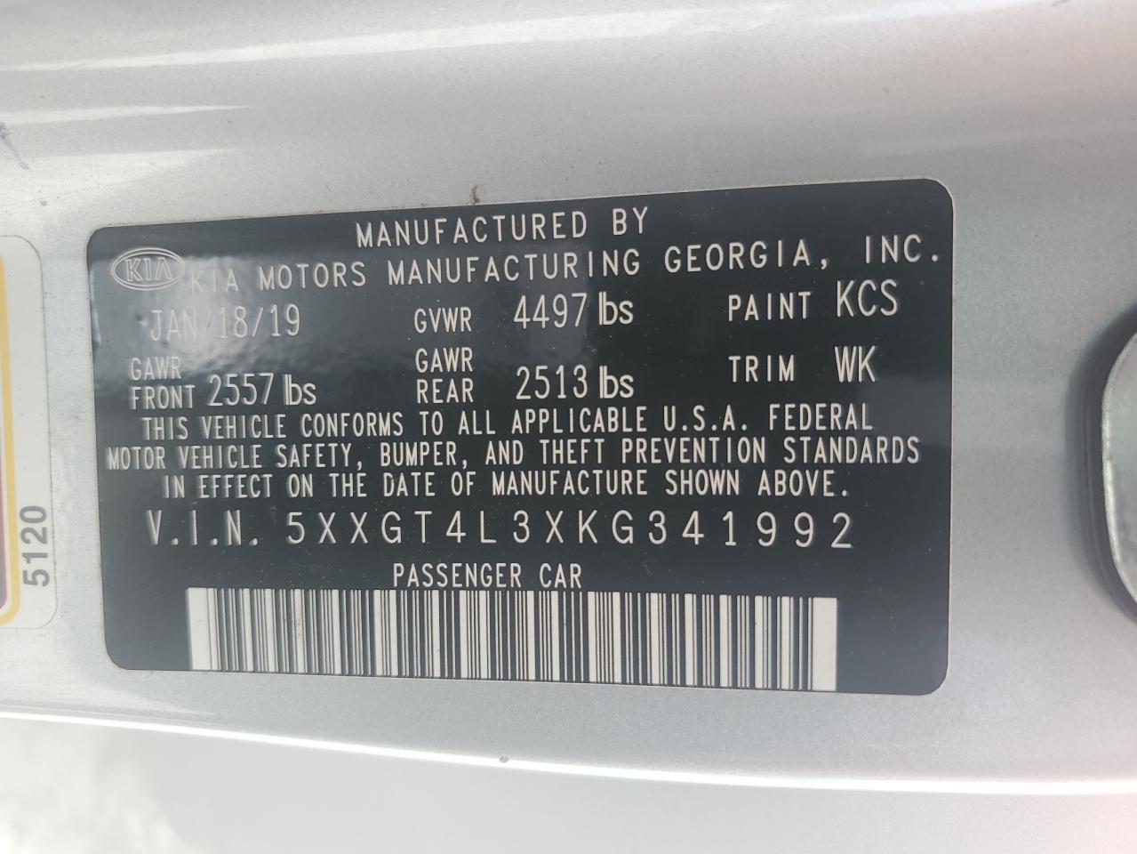 2019 KIA Optima VIN 5XXGT4L3XKG341992 Copart auction photo, rear end damage thumbnail 13