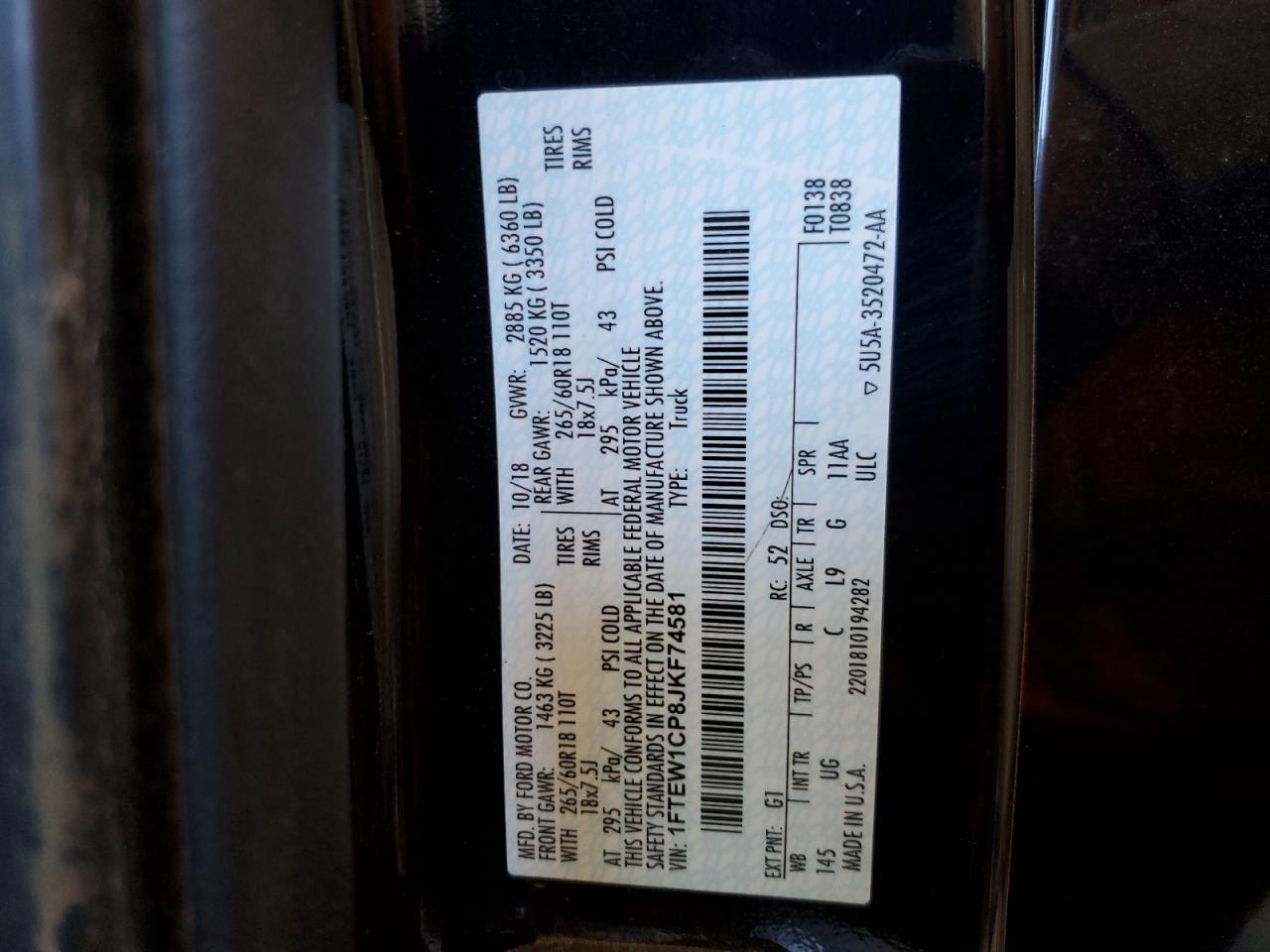 2018 Ford F-150 VIN 1FTEW1CP8JKF74581 Copart auction photo, burn / minor dent/scratches damage thumbnail 12