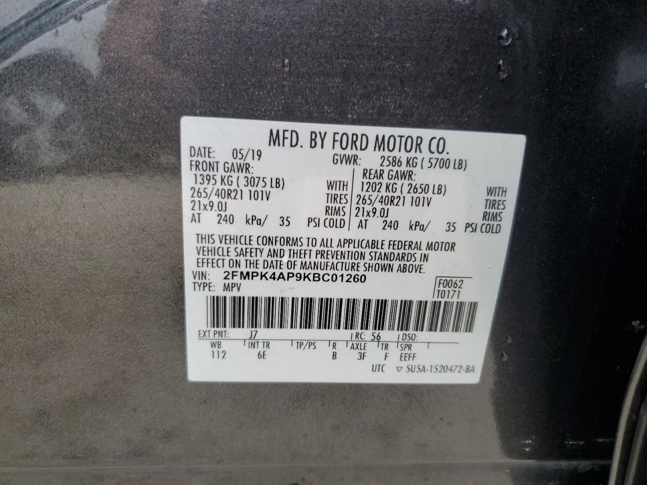 2019 Ford Edge VIN 2FMPK4AP9KBC01260 Copart auction photo, water/flood damage thumbnail 13