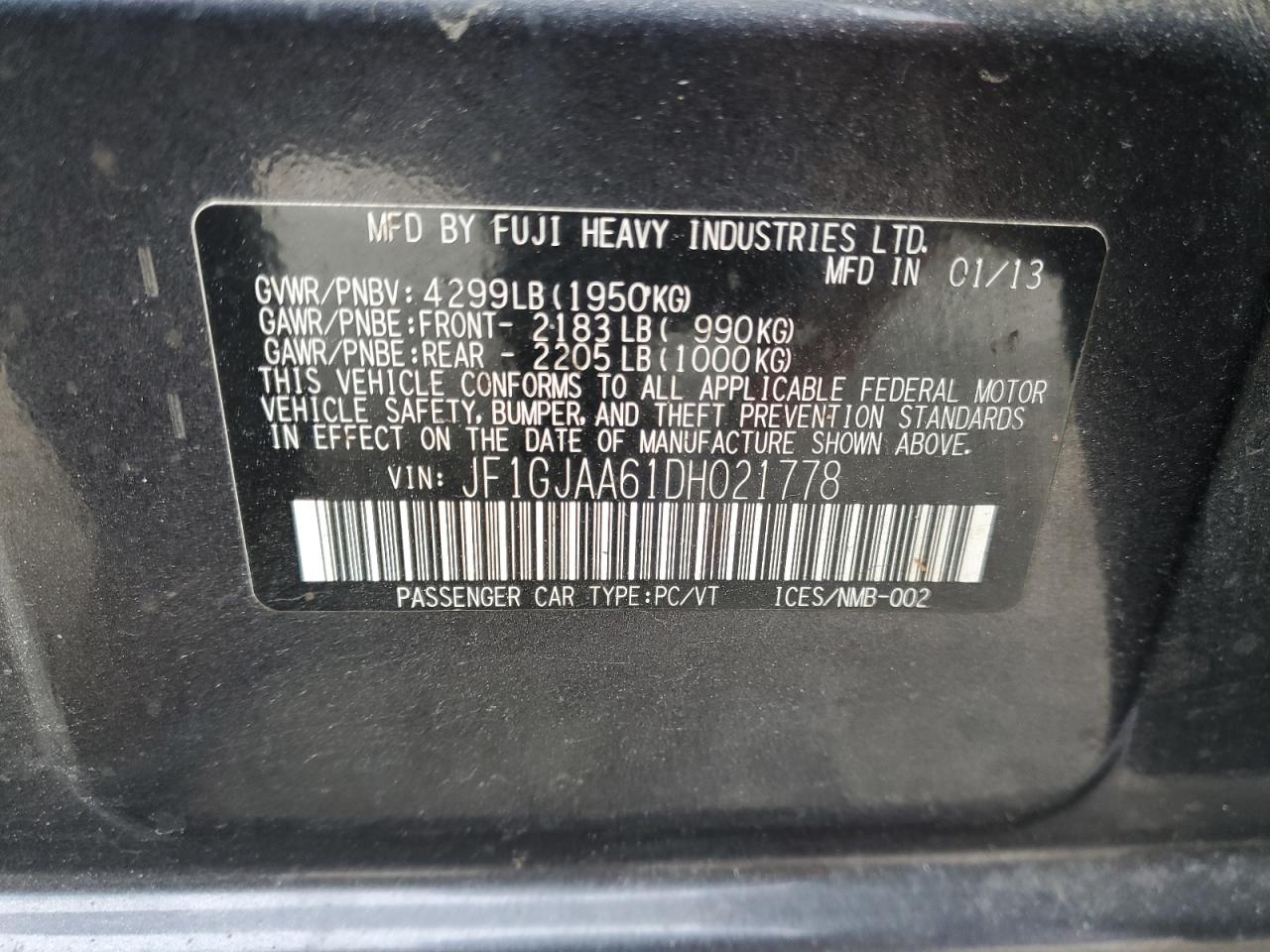 2013 Subaru Impreza VIN JF1GJAA61DH021778 Copart auction photo, front end damage thumbnail 14
