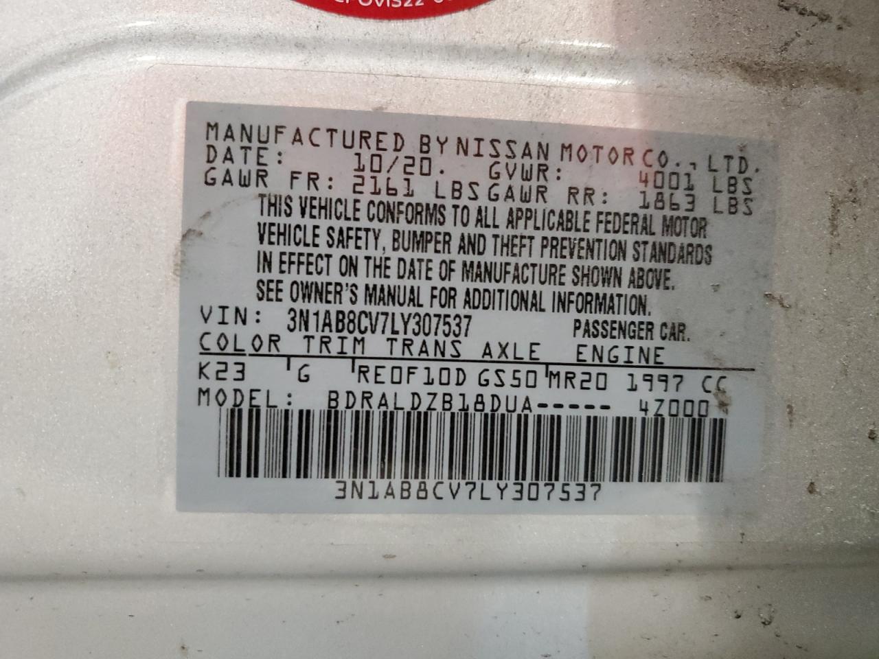 2020 Nissan Sentra VIN 3N1AB8CV7LY307537 Copart auction photo, vandalism / front end damage thumbnail 12