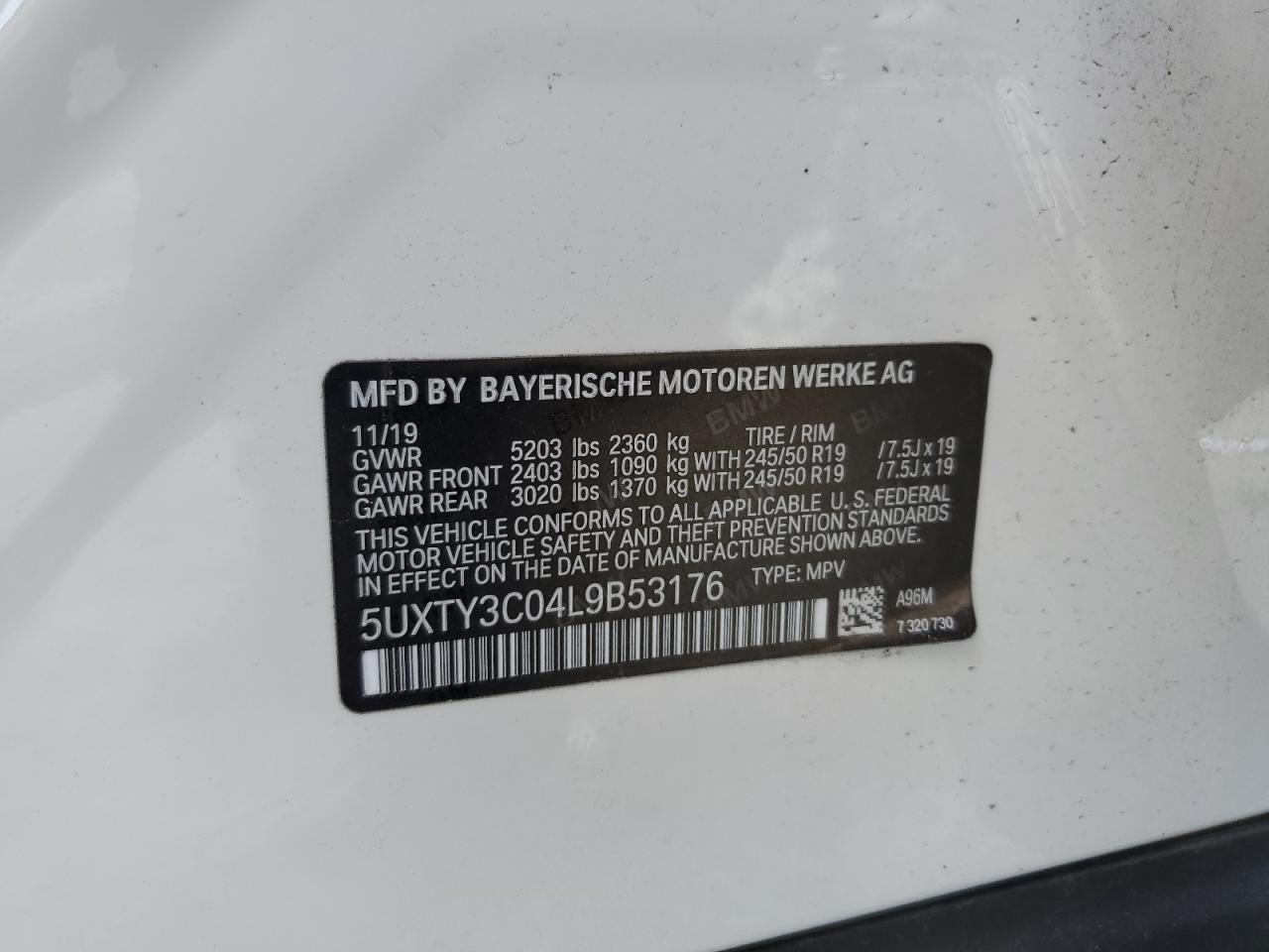 2020 BMW X3 VIN 5UXTY3C04L9B53176 Copart auction photo, all over damage thumbnail 14