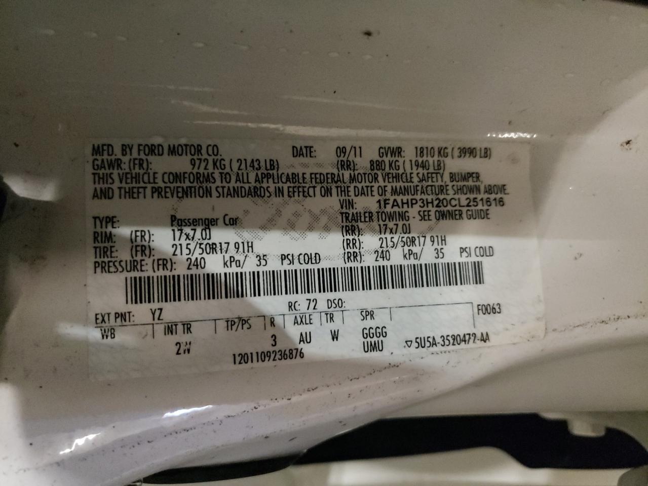 2012 Ford Focus VIN 1FAHP3H20CL251616 Copart auction photo, front end / rear end damage thumbnail 12