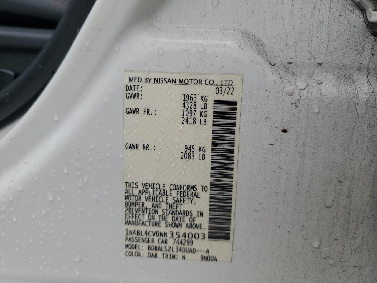 2022 Nissan Altima VIN 1N4BL4CV0NN354003 Copart auction photo, front end damage thumbnail 12