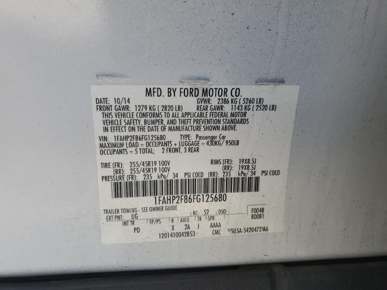 2015 Ford Taurus VIN 1FAHP2F86FG125680 Copart auction photo, front end damage thumbnail 15