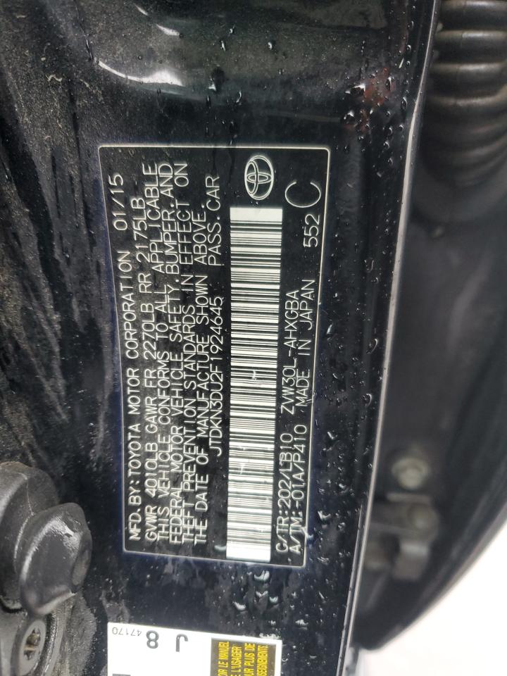 2015 Toyota Prius VIN JTDKN3DU2F1924645 Copart auction photo, front end / minor dent/scratches damage thumbnail 12