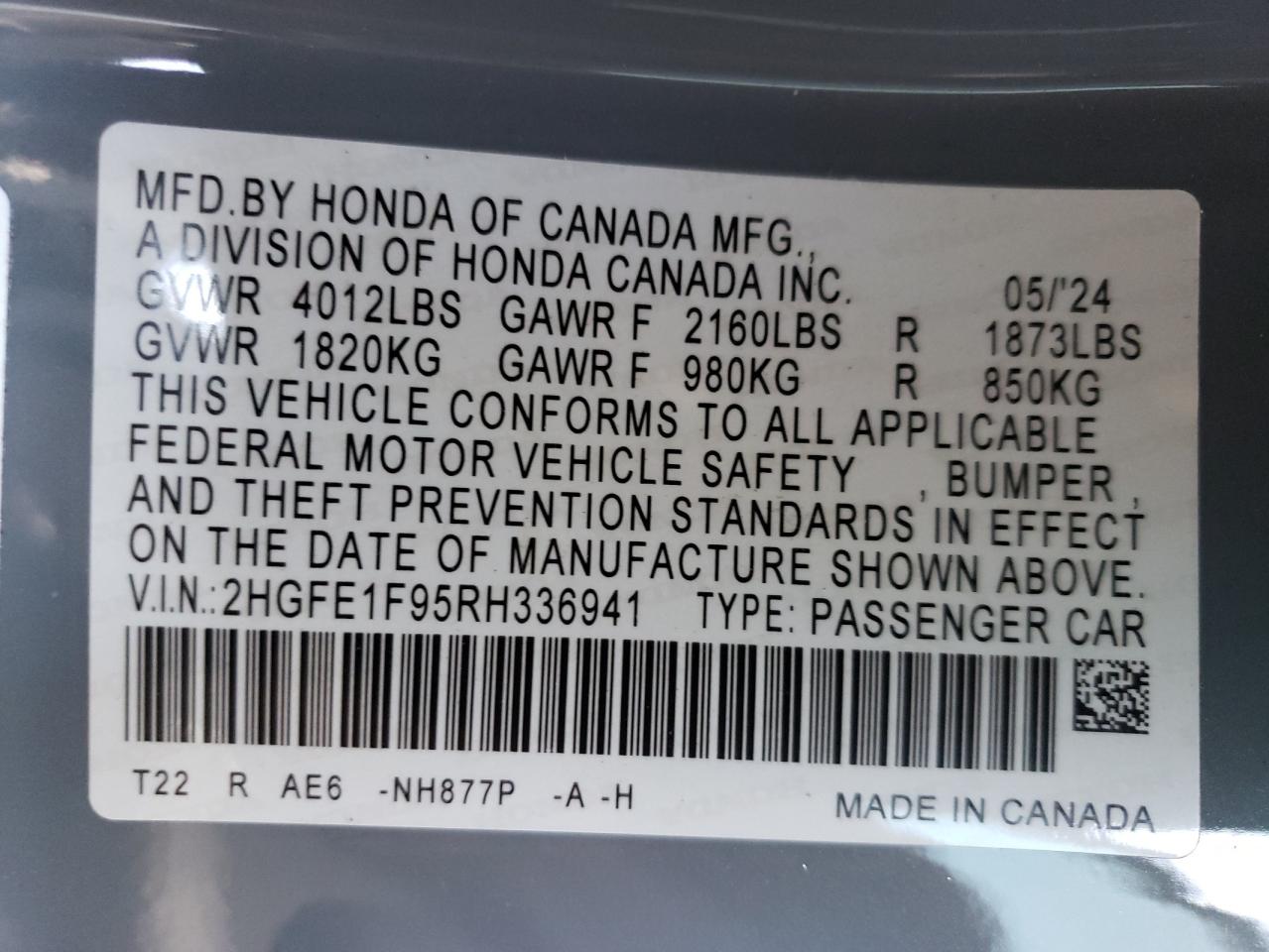 2024 Honda Civic VIN 2HGFE1F95RH336941 Copart auction photo, front end / side damage thumbnail 12