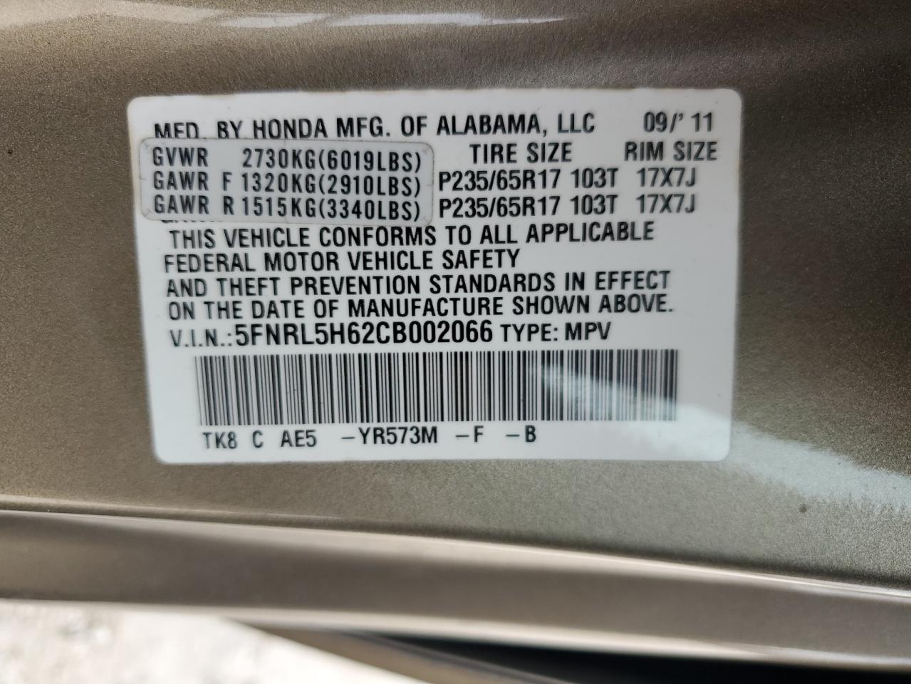 2012 Honda Odyssey VIN 5FNRL5H62CB002066 Copart auction photo, front end damage thumbnail 15