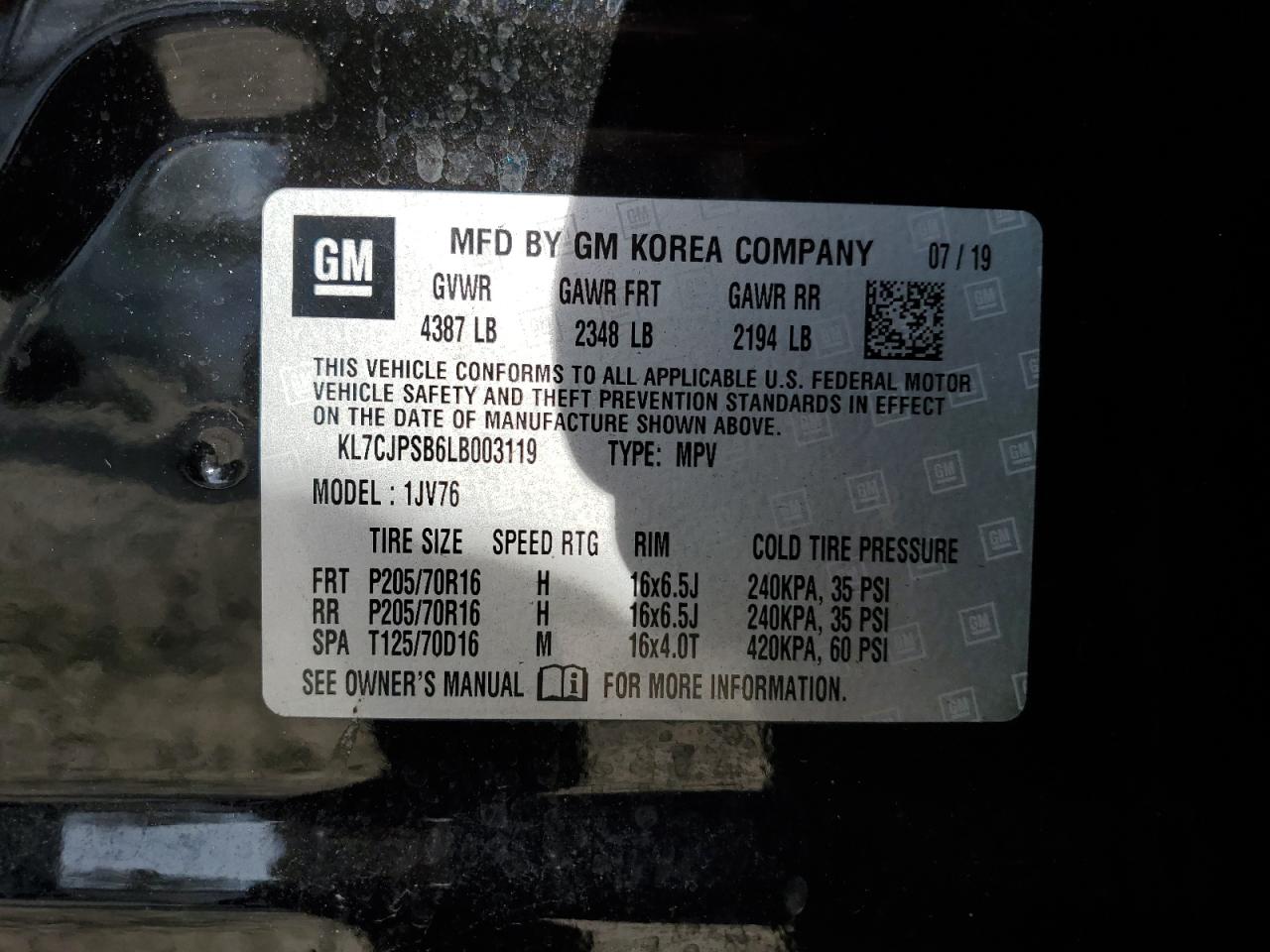 2020 Chevrolet Trax VIN KL7CJPSB6LB003119 Copart auction photo, side / undercarriage damage thumbnail 16
