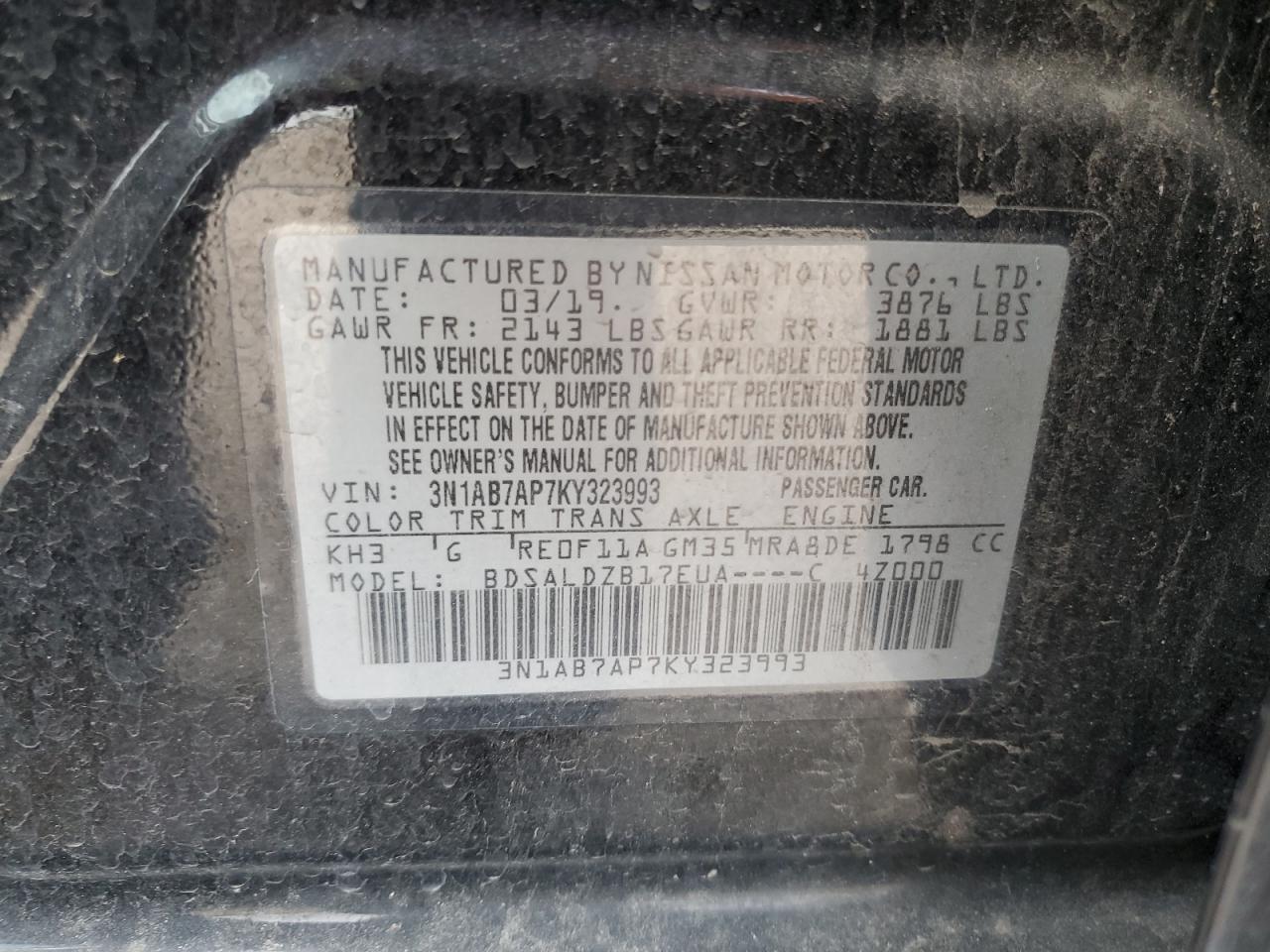 2019 Nissan Sentra VIN 3N1AB7AP7KY323993 Copart auction photo, side / minor dent/scratches damage thumbnail 12