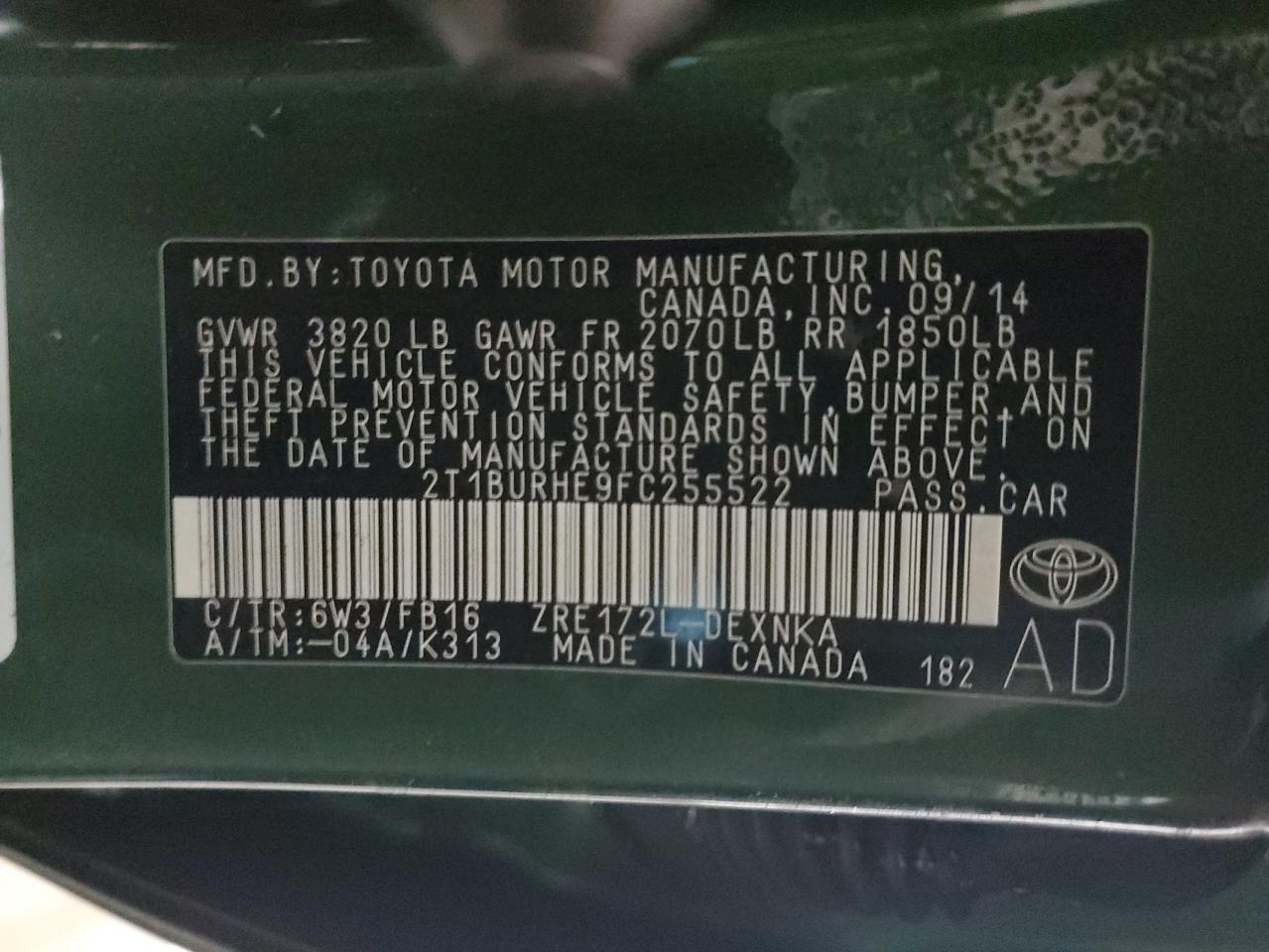 2015 Toyota Corolla VIN 2T1BURHE9FC255522 Copart auction photo, front end damage thumbnail 12