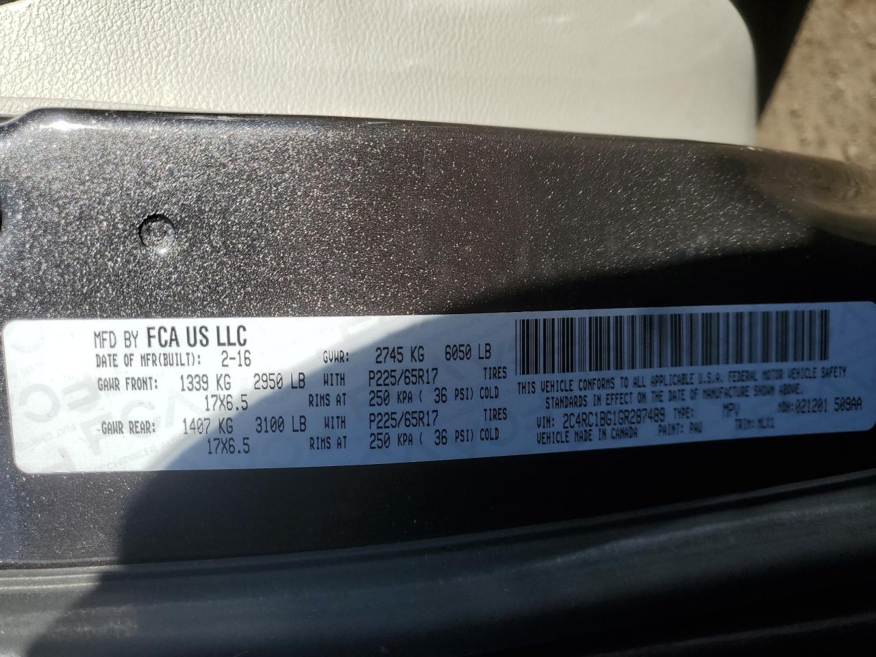 2016 Chrysler Town & Country VIN 2C4RC1BG1GR287489 Copart auction photo, front end / minor dent/scratches damage thumbnail 13