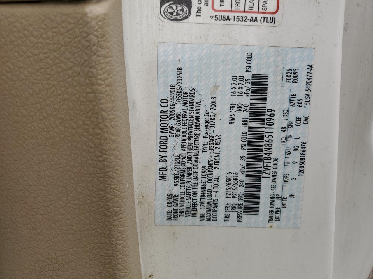 2006 Ford Mustang VIN 1ZVFT84N865110969 Copart auction photo, minor dent/scratches damage thumbnail 12