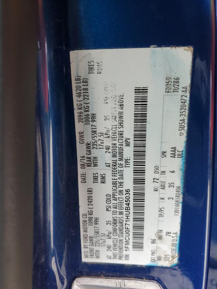 2017 Ford Escape VIN 1FMCU0F71HUB45036 Copart auction photo, front end / side damage thumbnail 13