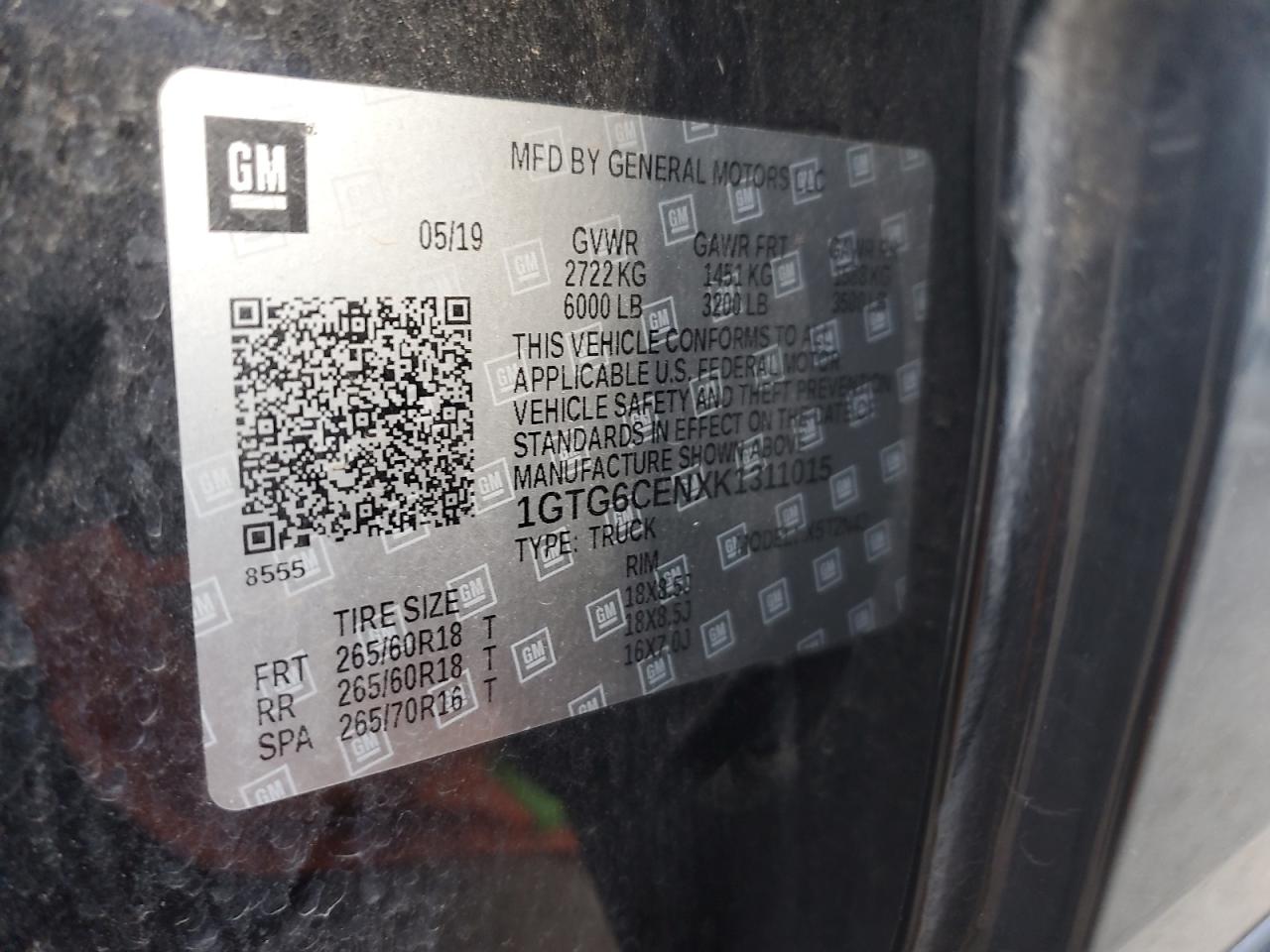 2019 GMC Canyon VIN 1GTG6CENXK1311015 Copart auction photo, rear end damage thumbnail 12