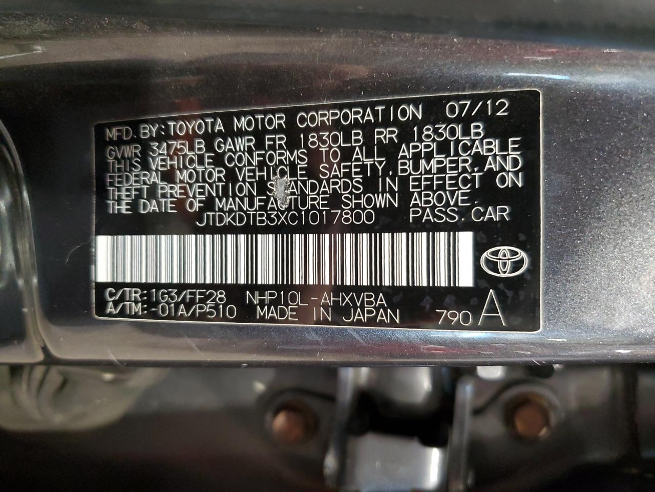 2012 Toyota Prius VIN JTDKDTB3XC1017800 Copart auction photo, side damage thumbnail 13
