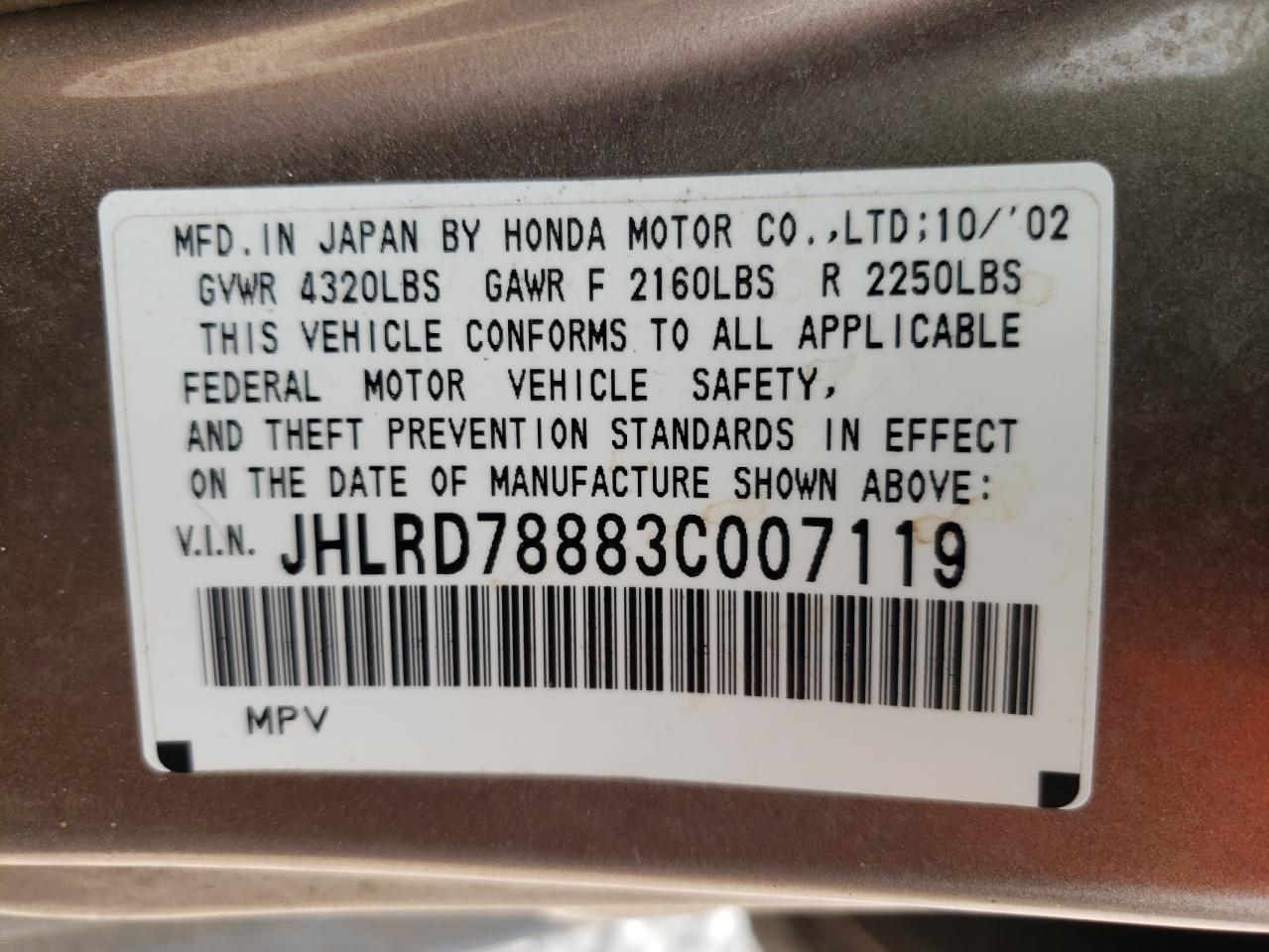 2003 Honda CR-V VIN JHLRD78883C007119 Copart auction photo, front end damage thumbnail 10