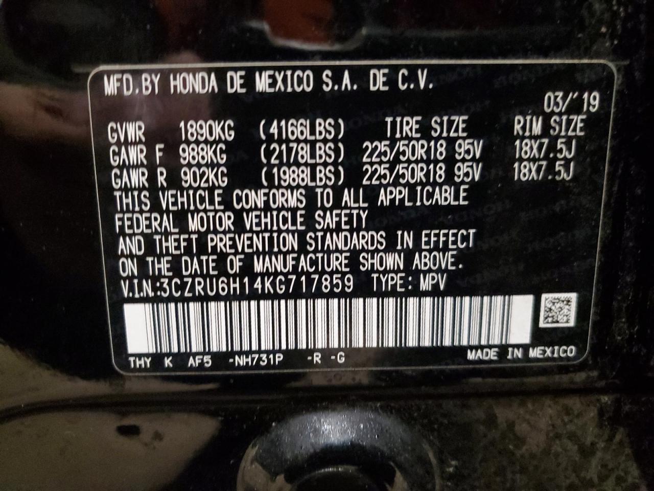 2019 Honda HR-V VIN 3CZRU6H14KG717859 Copart auction photo, front end damage thumbnail 13