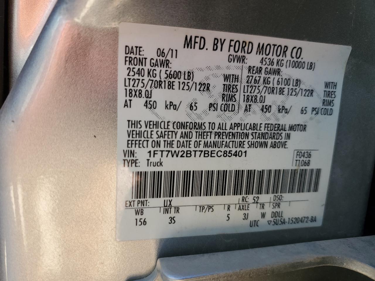 2011 Ford F250 VIN 1FT7W2BT7BEC85401 Copart auction photo, rear end / minor dent/scratches damage thumbnail 12