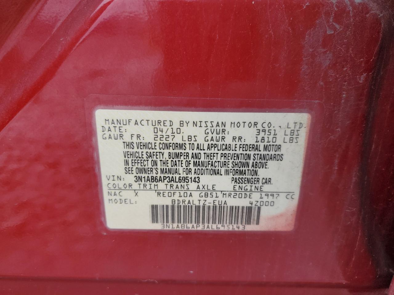 2010 Nissan Sentra VIN 3N1AB6AP3AL695143 Copart auction photo, rear end / undercarriage damage thumbnail 13