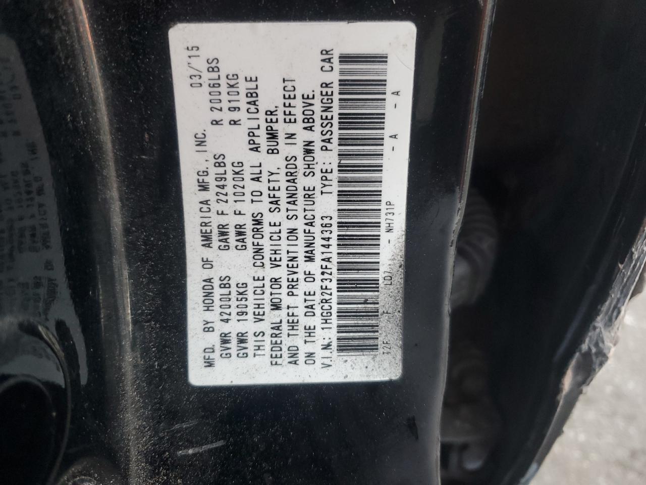 2015 Honda Accord VIN 1HGCR2F32FA144363 Copart auction photo, all over damage thumbnail 13