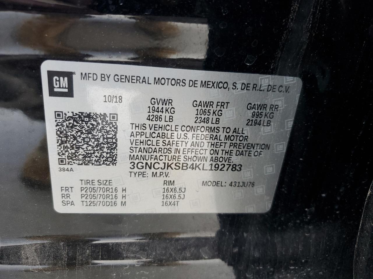 2019 Chevrolet Trax VIN 3GNCJKSB4KL192783 Copart auction photo, rear end / front end damage thumbnail 12