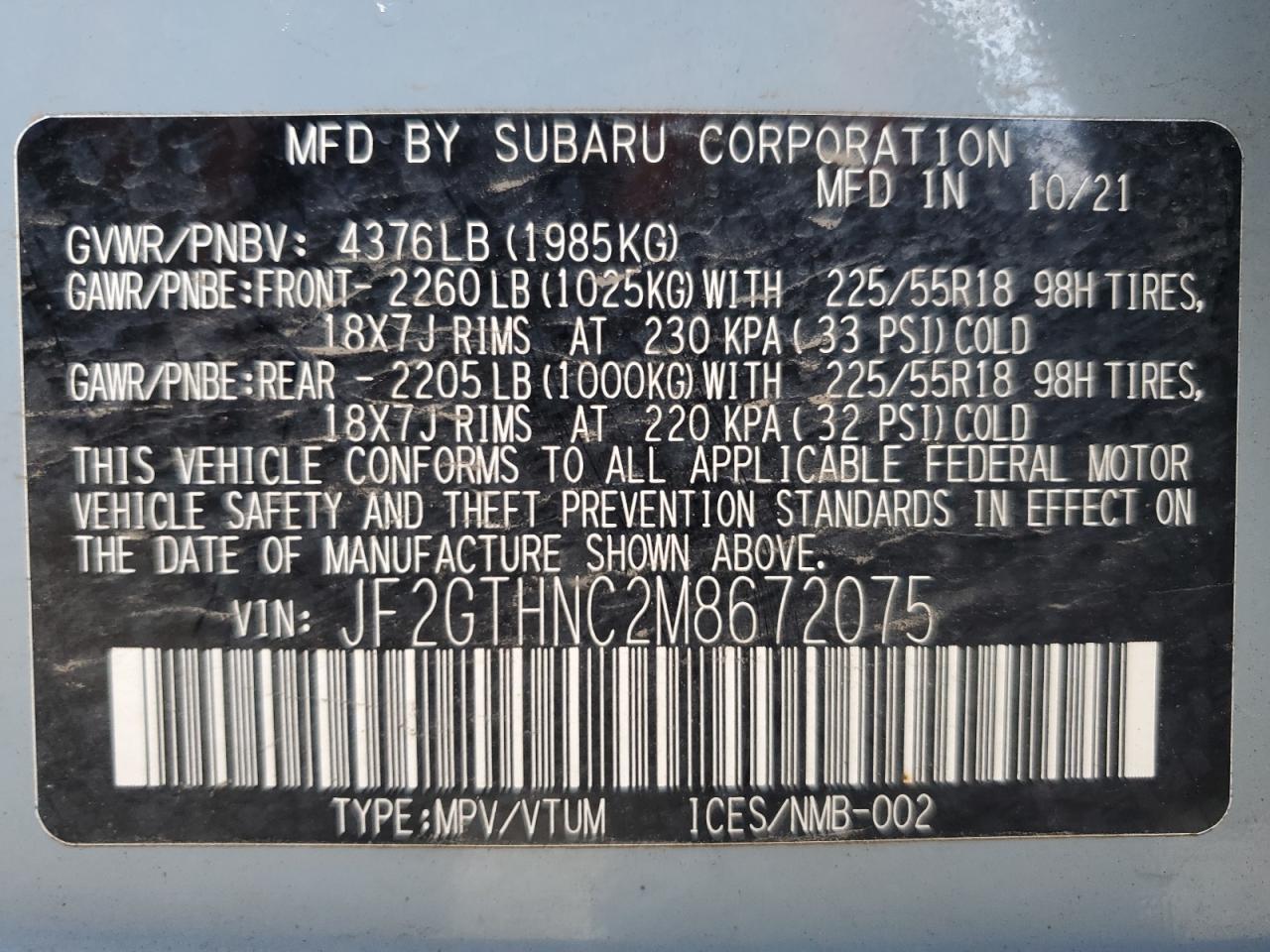 2021 Subaru XV VIN JF2GTHNC2M8672075 Copart auction photo, front end damage thumbnail 14